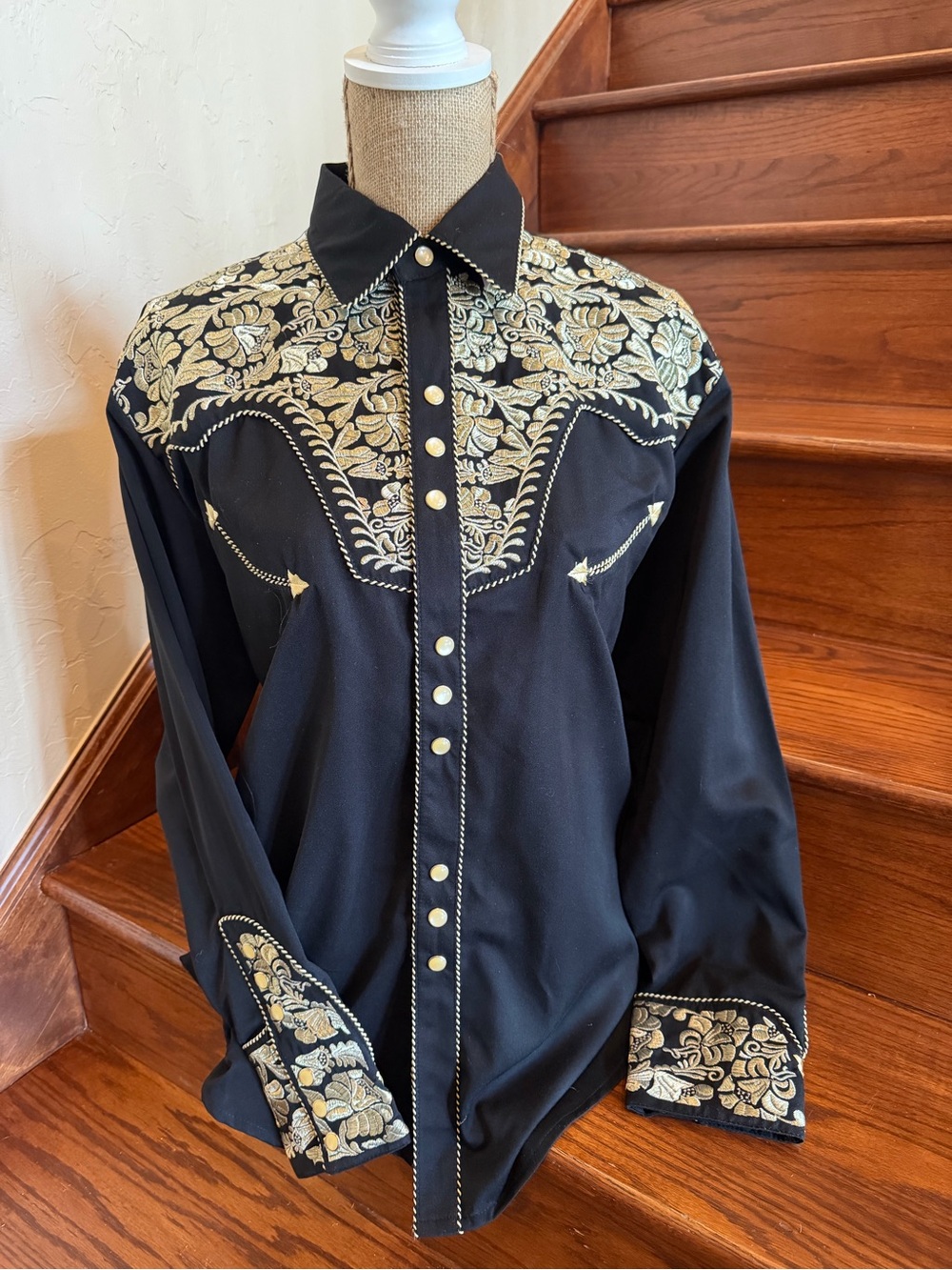 Men's Scully Black Western Shirt with Gold Embroidered Yoke